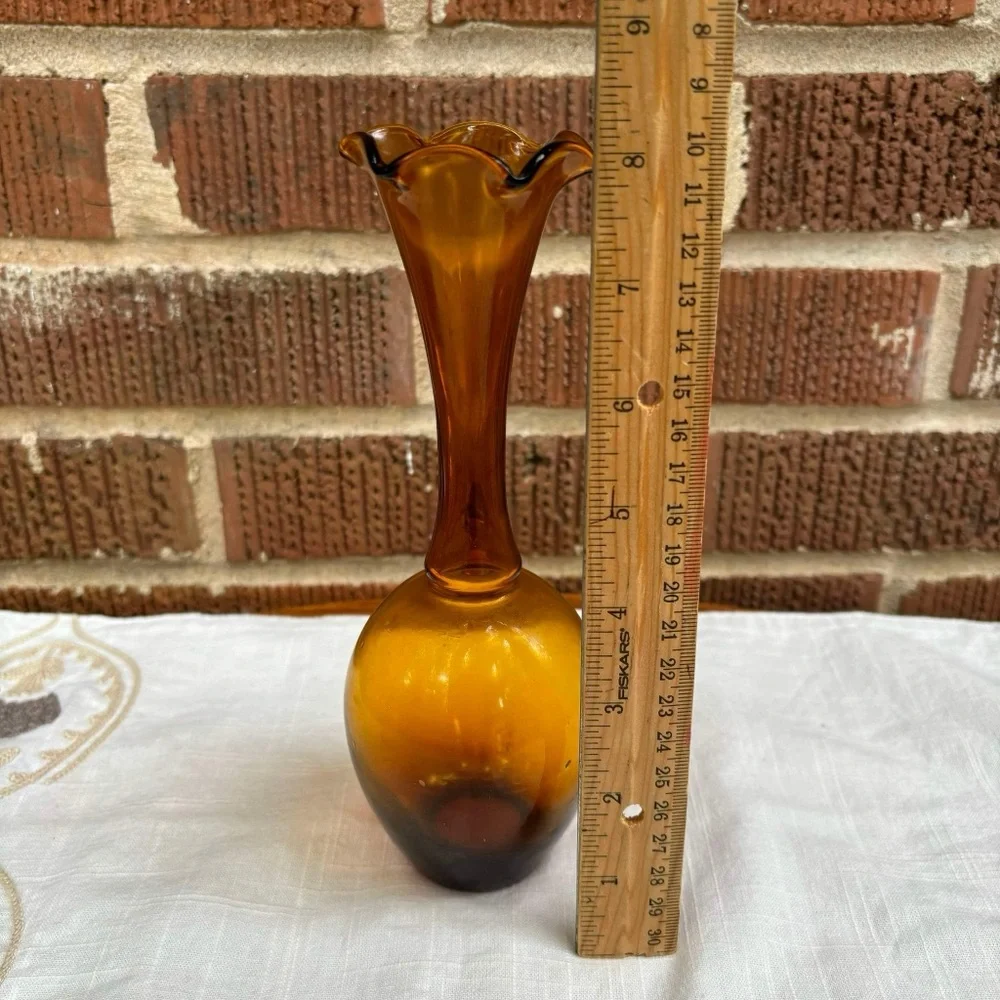 Amber Glass Mid Century Modern w/handle narrow neck scalloped rim Vase pitcher